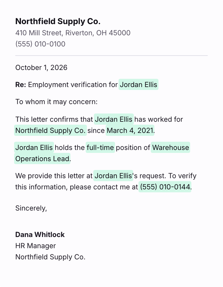 A sample employment verification letter for Jordan Ellis from Northfield Supply Co., with each detail from the form highlighted.